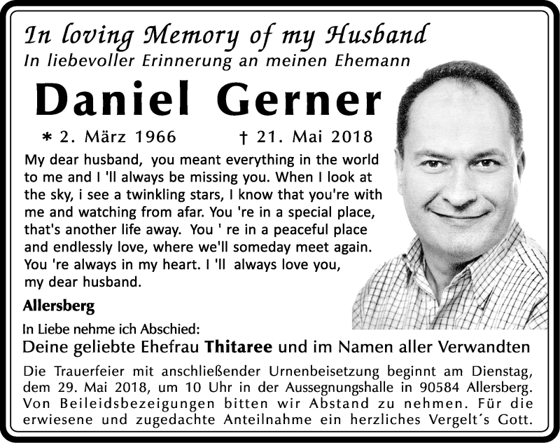  Traueranzeige für Daniel Gerner vom 26.05.2018 aus Roth-Hilpoltsteiner Volkszeitung Lokal
