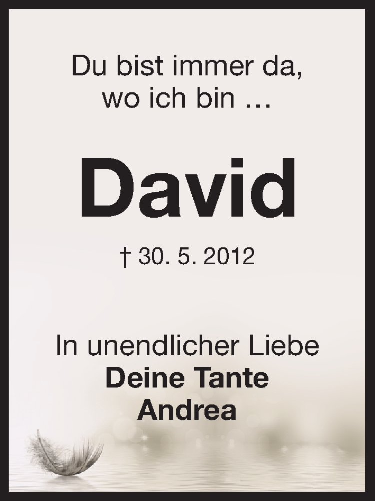  Traueranzeige für David Müller vom 30.05.2018 aus Erlanger Nachrichten Lokal