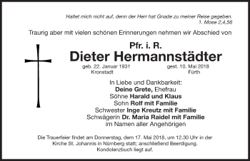 Traueranzeige von Dieter Hermannstädter von Gesamtausgabe Nürnberger Nachrichten/ Nürnberger Ztg.