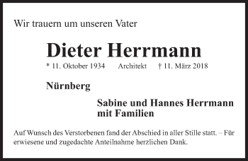 Traueranzeige von Dieter Herrmann von Erlanger Nachrichten Lokal