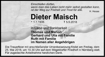 Traueranzeige von Dieter Maisch von Gesamtausgabe Nürnberger Nachrichten/ Nürnberger Ztg.