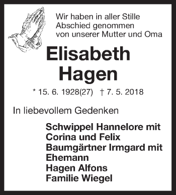Traueranzeige von Elisabeth Hagen von Gesamtausgabe Nürnberger Nachrichten/ Nürnberger Ztg.