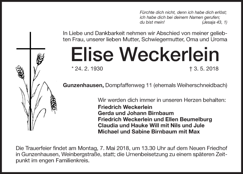  Traueranzeige für Elise Weckerlein vom 05.05.2018 aus Altmühl-Bote Lokal