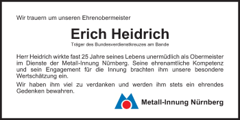 Traueranzeige von Erich Heidrich von Gesamtausgabe Nürnberger Nachrichten/ Nürnberger Ztg.