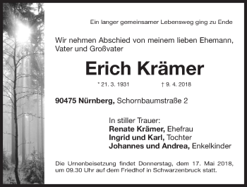 Traueranzeige von Erich Krämer von Gesamtausgabe Nürnberger Nachrichten/ Nürnberger Ztg.