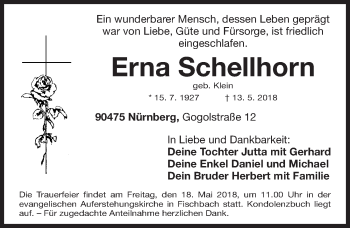 Traueranzeige von Erna Schellhorn von Gesamtausgabe Nürnberger Nachrichten/ Nürnberger Ztg.