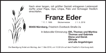 Traueranzeige von Franz Eder von Gesamtausgabe Nürnberger Nachrichten/ Nürnberger Ztg.