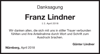 Traueranzeige von Franz Lindner von Gesamtausgabe Nürnberger Nachrichten/ Nürnberger Ztg.