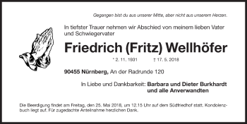 Traueranzeige von Friedrich Wellhöfer von Gesamtausgabe Nürnberger Nachrichten/ Nürnberger Ztg.