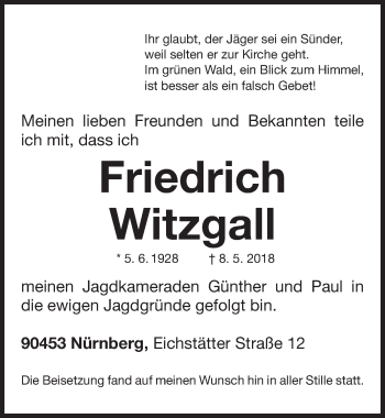 Traueranzeige von Friedrich Witzgall von Gesamtausgabe Nürnberger Nachrichten/ Nürnberger Ztg.