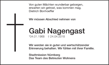 Traueranzeige von Gabi Nagengast von Gesamtausgabe Nürnberger Nachrichten/ Nürnberger Ztg.