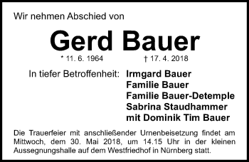 Traueranzeige von Gerd Bauer von Gesamtausgabe Nürnberger Nachrichten/ Nürnberger Ztg.