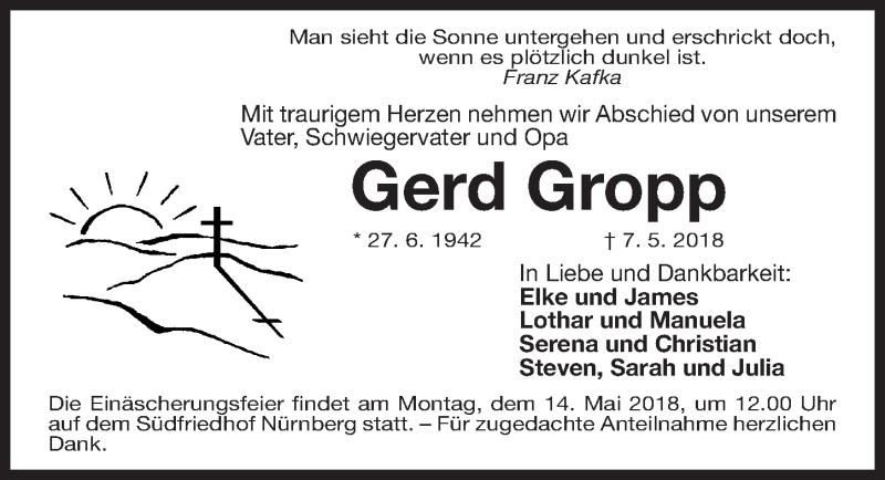  Traueranzeige für Gerd Gropp vom 12.05.2018 aus Gesamtausgabe Nürnberger Nachrichten/ Nürnberger Ztg.