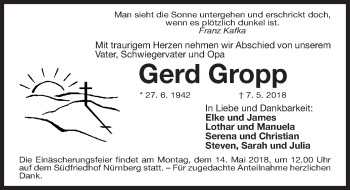 Traueranzeige von Gerd Gropp von Gesamtausgabe Nürnberger Nachrichten/ Nürnberger Ztg.