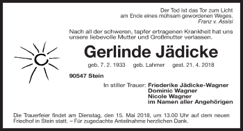 Traueranzeige von Gerlinde Jädicke von Gesamtausgabe Nürnberger Nachrichten/ Nürnberger Ztg.