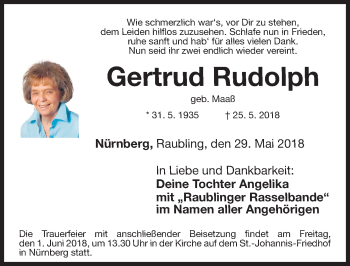 Traueranzeige von Gertrud Rudolph von Gesamtausgabe Nürnberger Nachrichten/ Nürnberger Ztg.