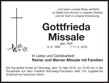 Traueranzeige von Gottfrieda Missale von Gesamtausgabe Nürnberger Nachrichten/ Nürnberger Ztg.