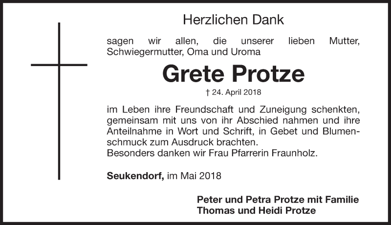  Traueranzeige für Grete Protze vom 12.05.2018 aus Fürther Nachrichten Lokal