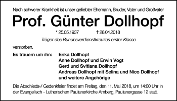 Traueranzeige von Günter Dollhopf von Gesamtausgabe Nürnberger Nachrichten/ Nürnberger Ztg.