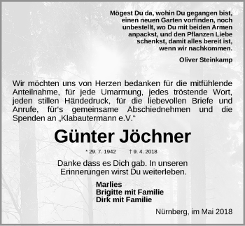 Traueranzeige von Günter Jöchner von Gesamtausgabe Nürnberger Nachrichten/ Nürnberger Ztg.