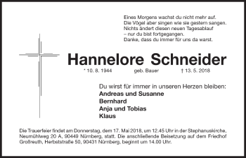 Traueranzeige von Hannelore Schneider von Gesamtausgabe Nürnberger Nachrichten/ Nürnberger Ztg.