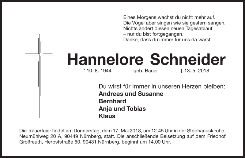  Traueranzeige für Hannelore Schneider vom 15.05.2018 aus Gesamtausgabe Nürnberger Nachrichten/ Nürnberger Ztg.