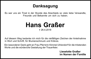 Traueranzeige von Hans Graßer von Gesamtausgabe Nürnberger Nachrichten/ Nürnberger Ztg.