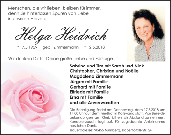 Traueranzeige von Helga Heidrich von Gesamtausgabe Nürnberger Nachrichten/ Nürnberger Ztg.