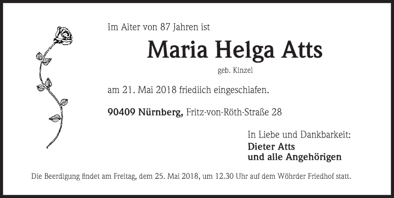  Traueranzeige für Helga Maria Atts vom 23.05.2018 aus Gesamtausgabe Nürnberger Nachrichten/ Nürnberger Ztg.