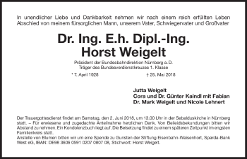 Traueranzeige von Horst Weigelt von Gesamtausgabe Nürnberger Nachrichten/ Nürnberger Ztg.