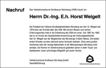 Traueranzeige von Horst Weigelt von Gesamtausgabe Nürnberger Nachrichten/ Nürnberger Ztg.