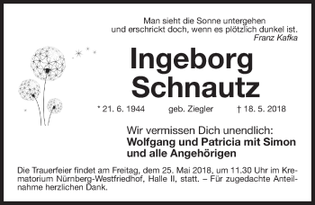 Traueranzeige von Ingeborg Schnautz von Gesamtausgabe Nürnberger Nachrichten/ Nürnberger Ztg.