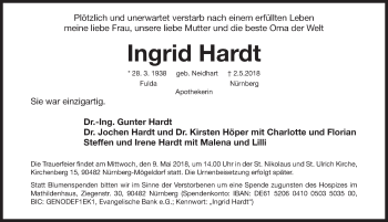 Traueranzeige von Ingrid Hardt von Gesamtausgabe Nürnberger Nachrichten/ Nürnberger Ztg.