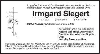 Traueranzeige von Irmgard Siegert von Gesamtausgabe Nürnberger Nachrichten/ Nürnberger Ztg.