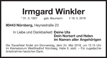 Traueranzeige von Irmgard Winkler von Gesamtausgabe Nürnberger Nachrichten/ Nürnberger Ztg.
