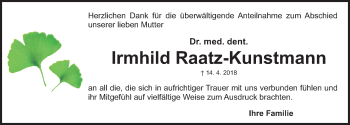 Traueranzeige von Irmhild Raatz-Kunstmann von Gesamtausgabe Nürnberger Nachrichten/ Nürnberger Ztg.