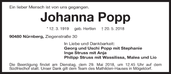 Traueranzeige von Johanna Popp von Gesamtausgabe Nürnberger Nachrichten/ Nürnberger Ztg.