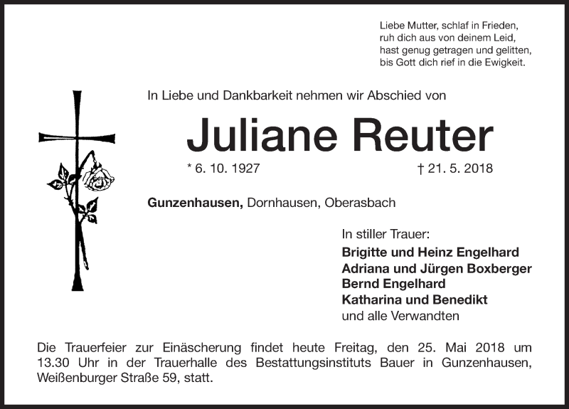  Traueranzeige für Juliane Reuter vom 25.05.2018 aus Altmühl-Bote Lokal