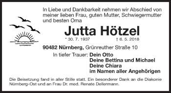 Traueranzeige von Jutta Hötzel von Gesamtausgabe Nürnberger Nachrichten/ Nürnberger Ztg.
