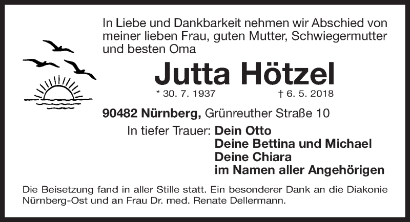  Traueranzeige für Jutta Hötzel vom 26.05.2018 aus Gesamtausgabe Nürnberger Nachrichten/ Nürnberger Ztg.