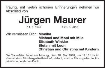Traueranzeige von Jürgen Maurer von Gesamtausgabe Nürnberger Nachrichten/ Nürnberger Ztg.