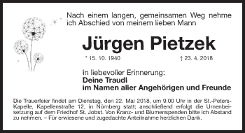 Traueranzeige von Jürgen Pietzek von Gesamtausgabe Nürnberger Nachrichten/ Nürnberger Ztg.