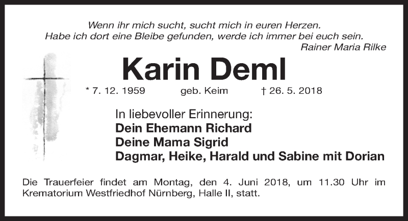  Traueranzeige für Karin Deml vom 31.05.2018 aus Gesamtausgabe Nürnberger Nachrichten/ Nürnberger Ztg.