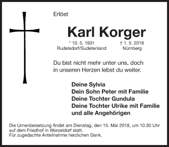 Traueranzeige von Karl Korger von Gesamtausgabe Nürnberger Nachrichten/ Nürnberger Ztg.