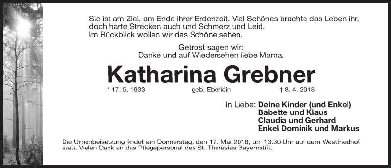  Traueranzeige für Katharina Grebner vom 12.05.2018 aus Gesamtausgabe Nürnberger Nachrichten/ Nürnberger Ztg.