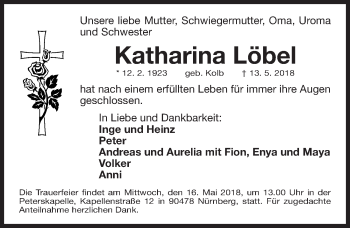 Traueranzeige von Katharina Löbel von Gesamtausgabe Nürnberger Nachrichten/ Nürnberger Ztg.