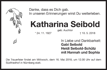 Traueranzeige von Katharina Seibold von Gesamtausgabe Nürnberger Nachrichten/ Nürnberger Ztg.