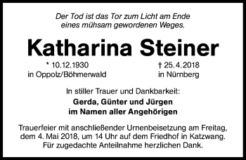 Traueranzeige von Katharina Steiner von Schwabach