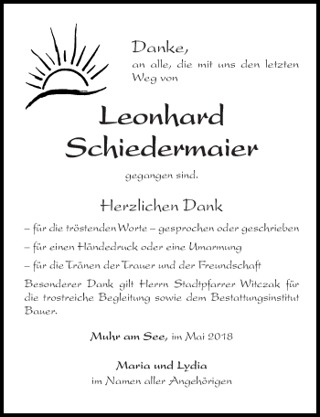 Traueranzeige von Leonhard Schiedermaier von Altmühl-Bote Lokal