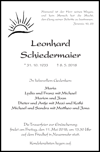 Traueranzeige von Leonhard Schiedermaier von Altmühl-Bote Lokal
